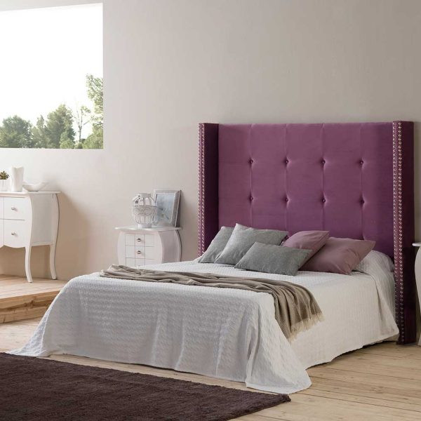 Cabecero Capitoné Cuadrado, Orejas Con Tacha. Terciopelo Rosa. Para Cama 135-140 Cm. Altura 120 Cm