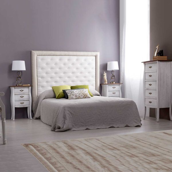 Cabecero Marco Lino Natural, Interior Capitoné Rombo Polipiel Blanco. Para Cama 135-140 Cm. Altura 120 Cm