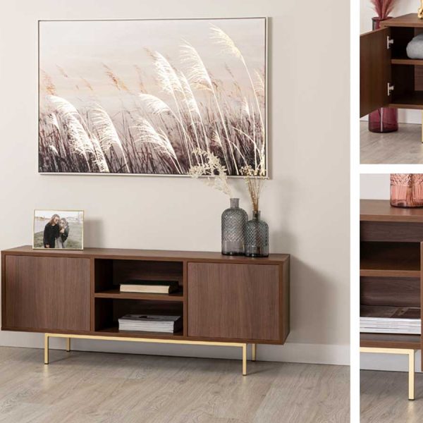 Mueble Tv Push 2 P + 2 Huecos Melamina Nogal Canaleto 19Mm (Patas Metal Oro)