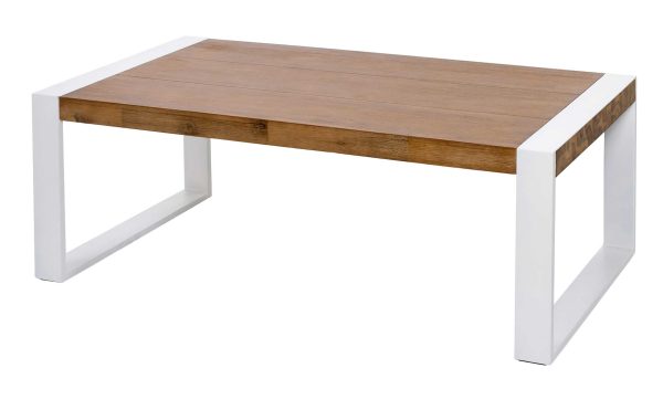 Mesa Centro Madera Natural Acacia, Patas Metal Blanco. 130*46*70 Cm