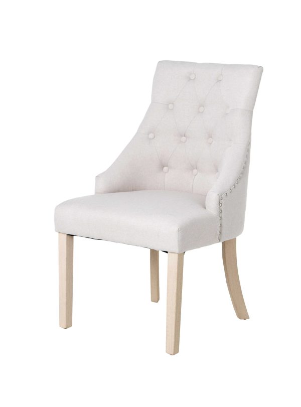Silla Lino Beige Con Anilla Y Tacha Cromada, Patas Blanco Decapado. 95*57*55 Cm