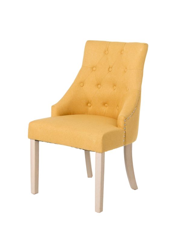 Silla Lino Amarillo Con Anilla Y Tacha Cromada, Patas Blanco Decapado. 95*57*55 Cm