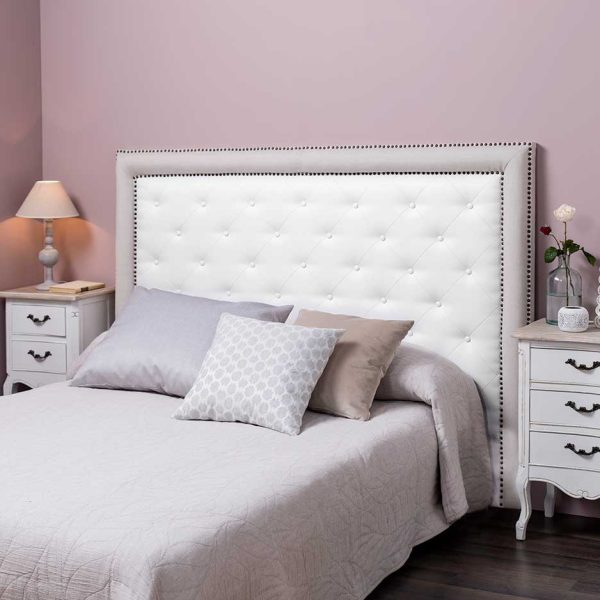 Cabecero Marco Lino Natural, Interior Capitoné Rombo Polipiel Blanco. Para Cama 150 Cm. Altura 120 Cm