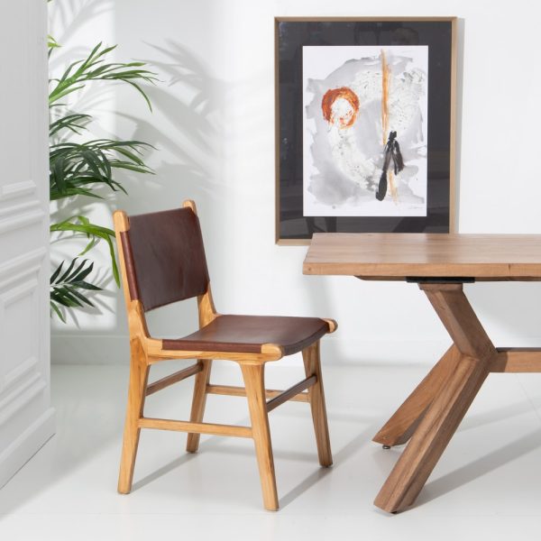 SILLA MARRÓN MADERA TECA-PIEL 50 X 52 X 83 CM - Imagen 2