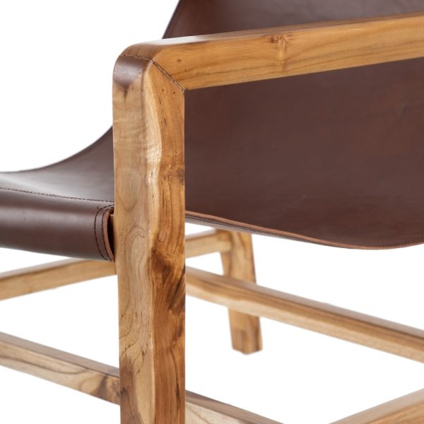 SILLÓN MARRÓN MADERA TECA-PIEL SALÓN 69 X 82 X 82 CM - Imagen 8